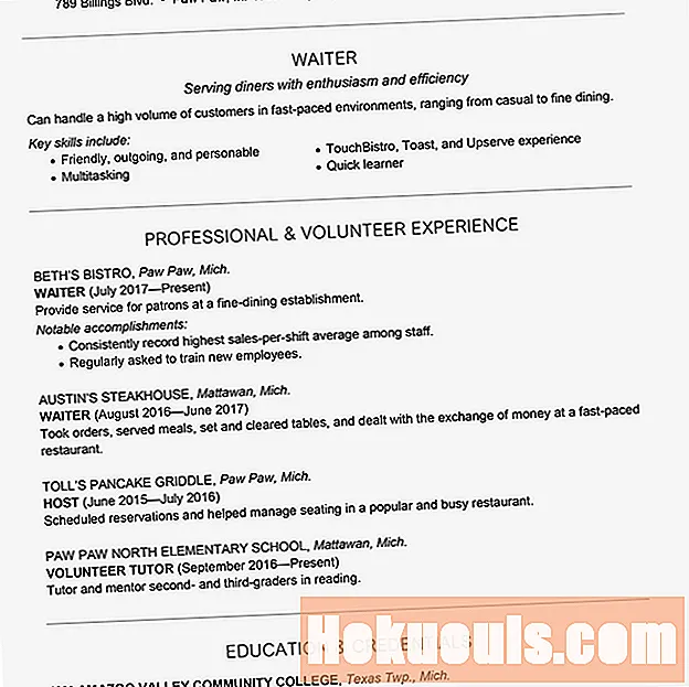 Waiter / Waitress Resume และตัวอย่างจดหมายสมัครงาน